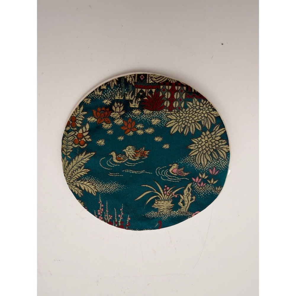 Vintage Asian Brocade Round Coin Purse Teal Pagoda Ducks Floral 4 Inch